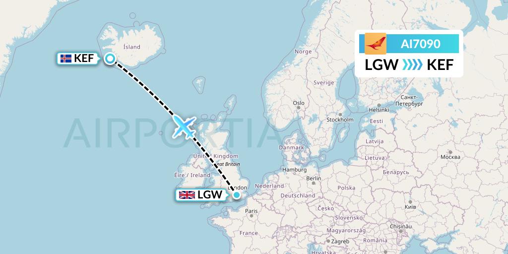 AI7090 Air India Flight Map: London to Reykjavik