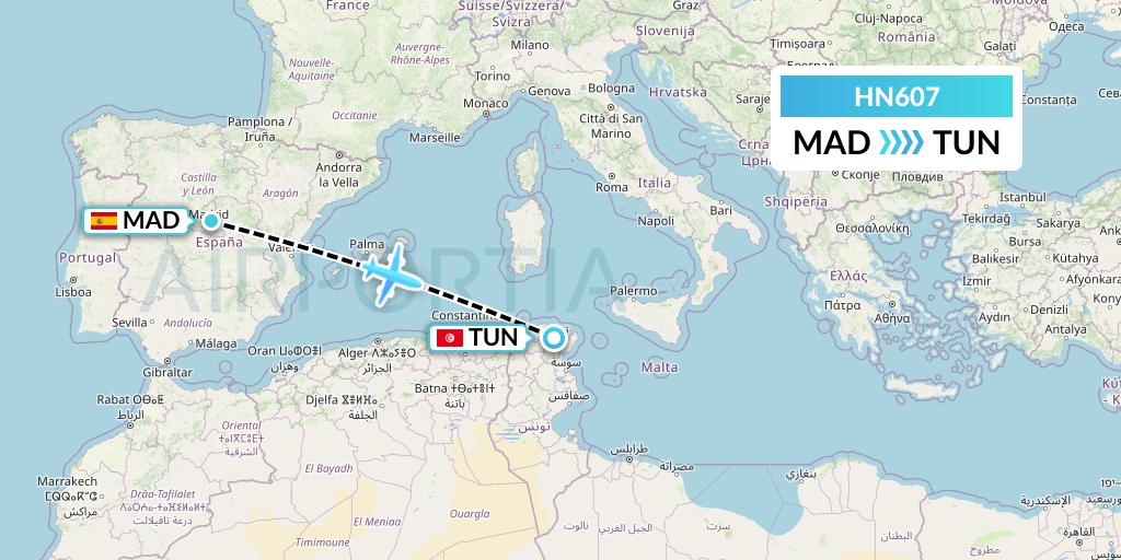 HN607 Uab Heston Airlines Jsc Heston Airl Flight Map: Madrid to Tunis