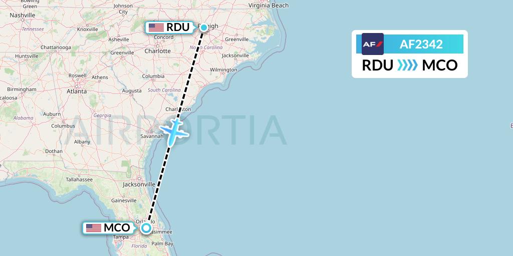 AF2342 Air France Flight Map: Raleigh-Durham to Orlando