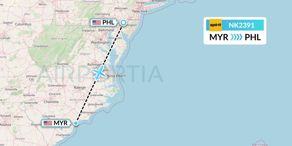 NK2391 Spirit Airlines Flight Map: Myrtle Beach to Philadelphia