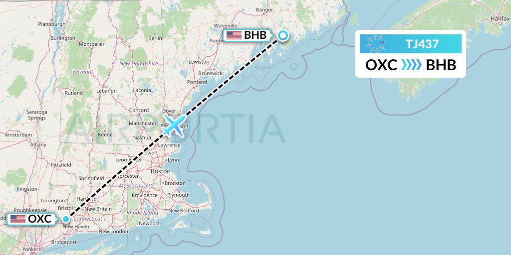 TJ437 Tradewind Aviation Flight Map: Oxford to Bar Harbor