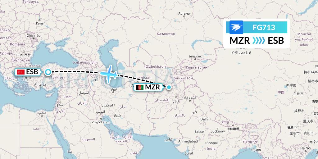 FG713 Ariana Afghan Airlines Flight Map: Mazar-I-Sharif to Ankara