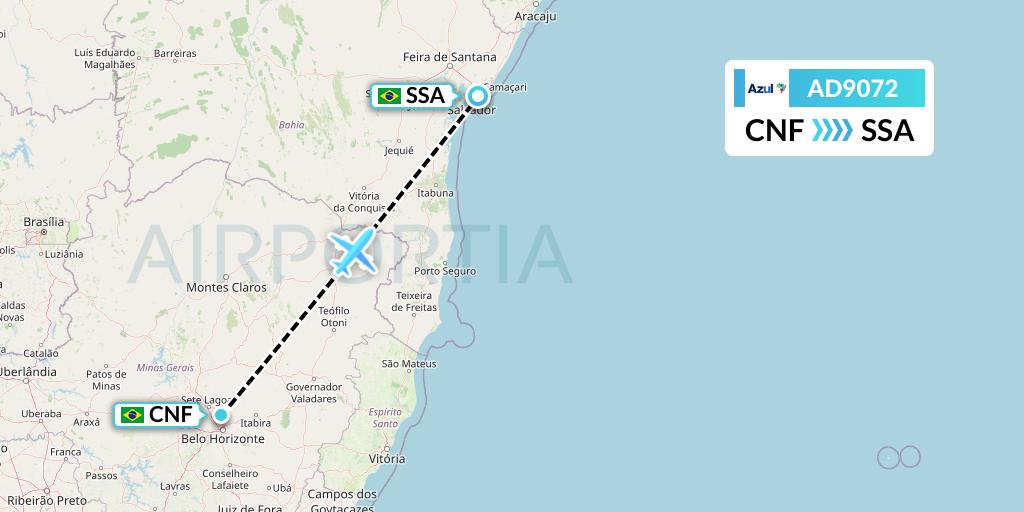 AD9072 Azul Brazilian Airlines Flight Map: Belo Horizonte to Salvador