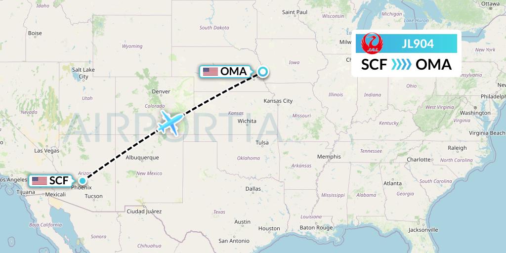 JL904 Japan Airlines Flight Map: Scottsdale to Omaha