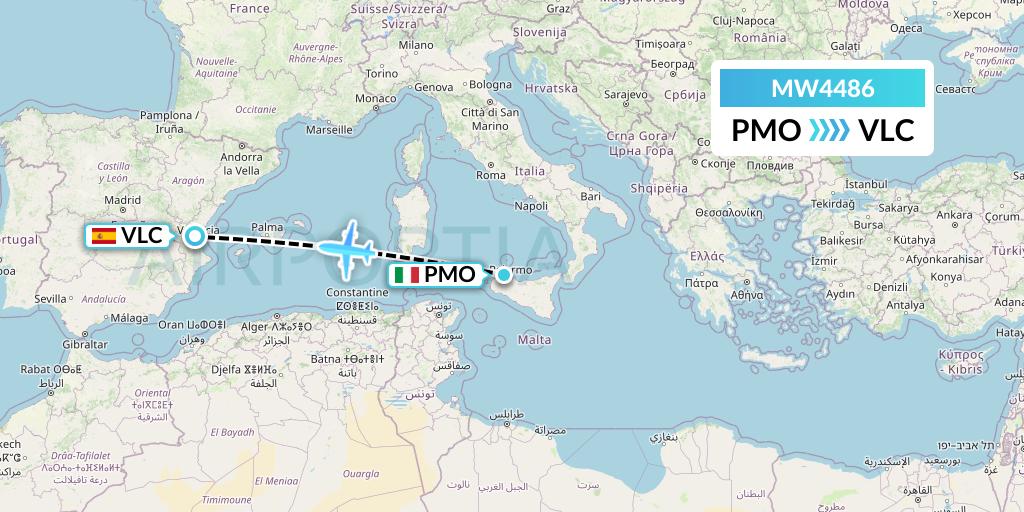 MW4486 Mokulele Flight Service Flight Map: Palermo to Valencia