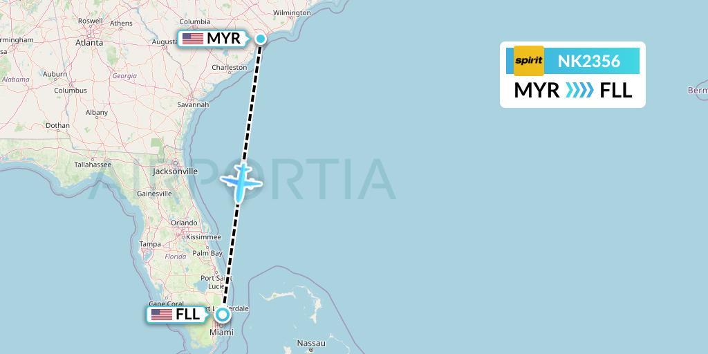 NK2356 Spirit Airlines Flight Map: Myrtle Beach to Fort Lauderdale