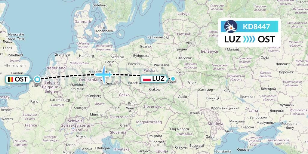 KD8447 KalStar Aviation Flight Map: Lublin to Ostend