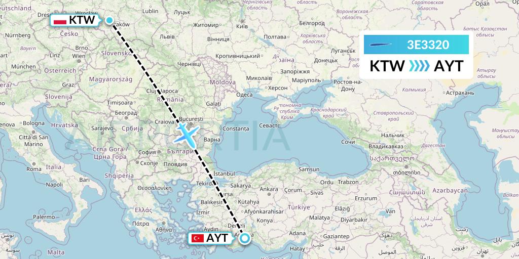 3E3320 Air Choice One Flight Map: Katowice to Antalya