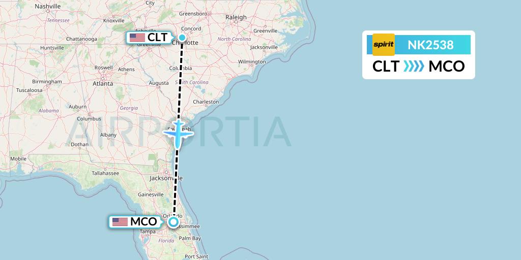 NK2538 Spirit Airlines Flight Map: Charlotte to Orlando