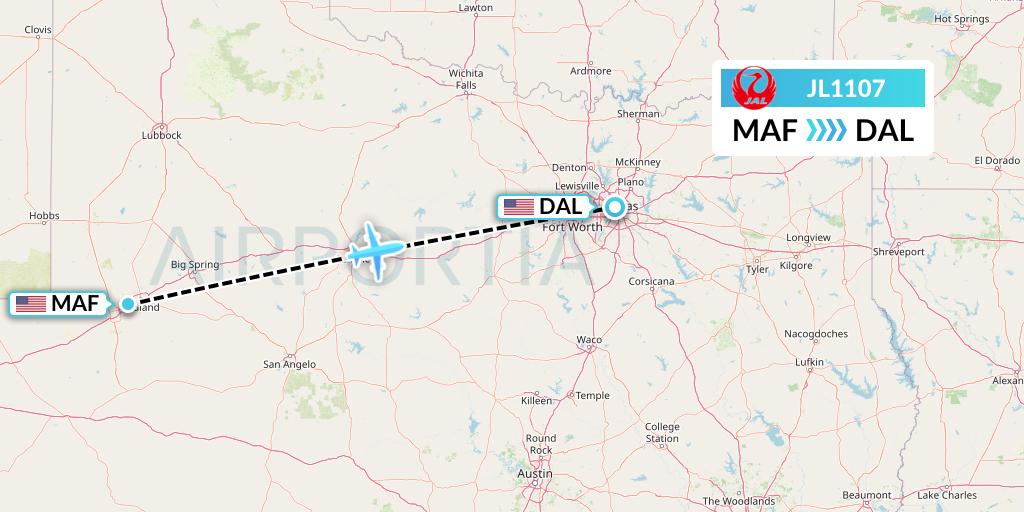 JL1107 Japan Airlines Flight Map: Midland to Dallas