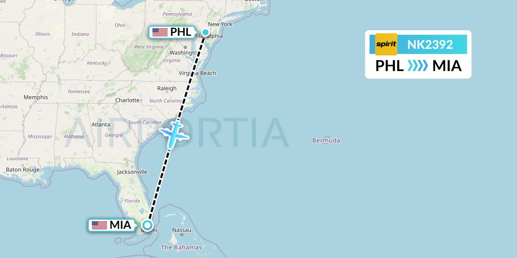 NK2392 Spirit Airlines Flight Map: Philadelphia to Miami
