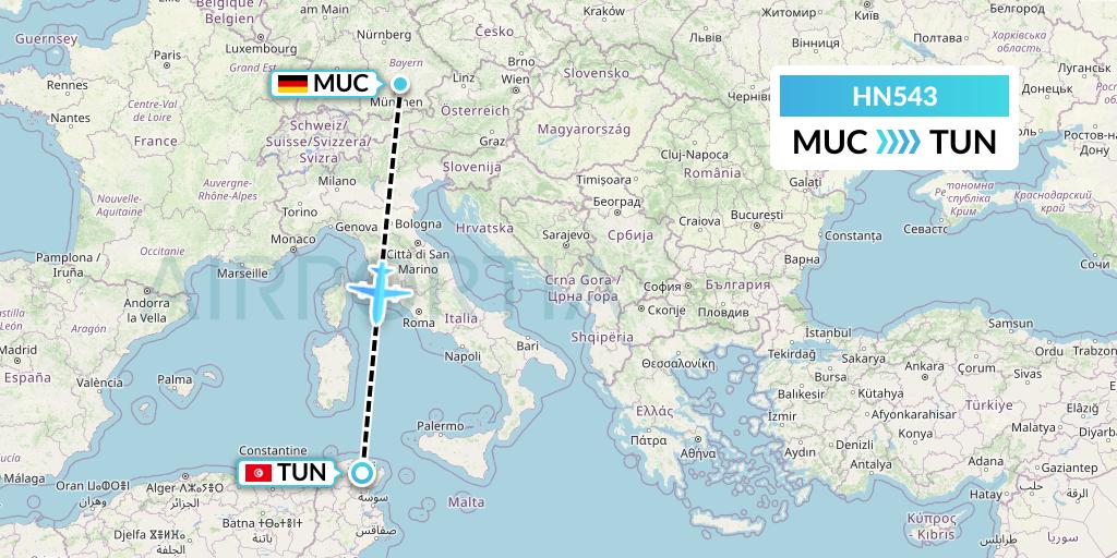 HN543 Uab Heston Airlines Jsc Heston Airl Flight Map: Munich to Tunis