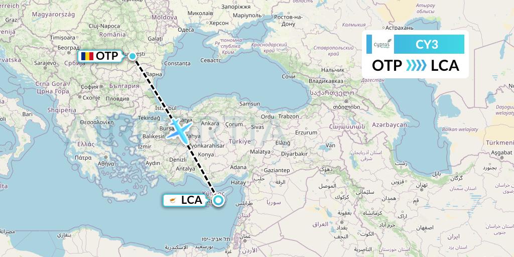 CY3 Cyprus Airways Flight Map: Bucharest to Larnaca