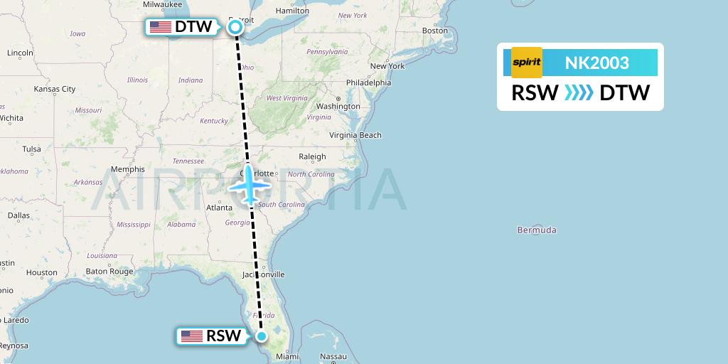 NK2003 Spirit Airlines Flight Map: Fort Myers to Detroit