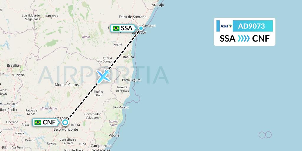 AD9073 Azul Brazilian Airlines Flight Map: Salvador to Belo Horizonte