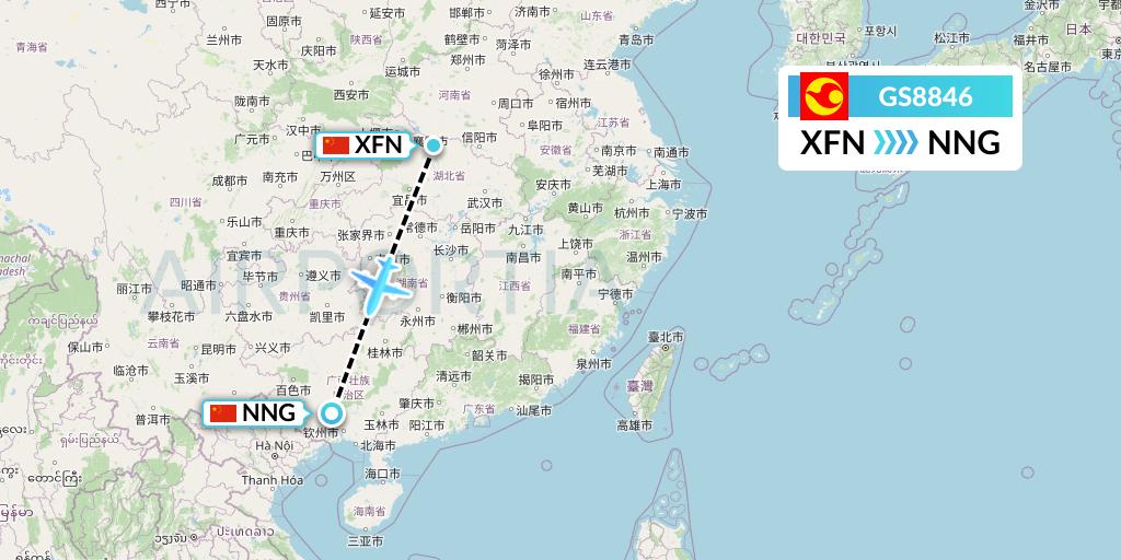 GS8846 Tianjin Airlines Flight Map: Xiangyang to Nanning