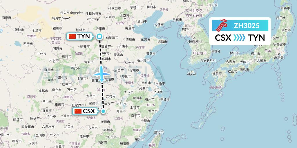 ZH3025 Shenzhen Airlines Flight Map: Changsha to Taiyuan