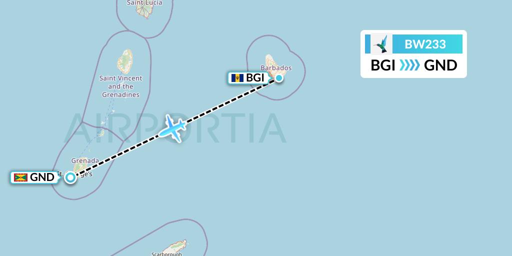 BW233 Caribbean Airlines Flight Map: Bridgetown to Point Salines