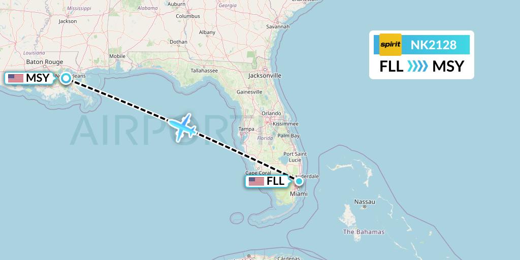 NK2128 Spirit Airlines Flight Map: Fort Lauderdale to New Orleans