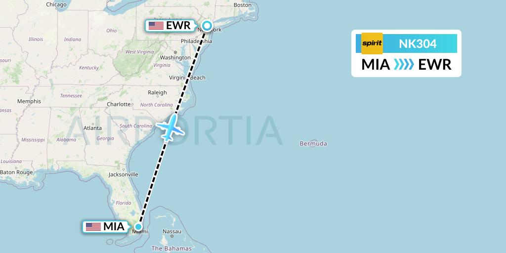 NK304 Spirit Airlines Flight Map: Miami to New York