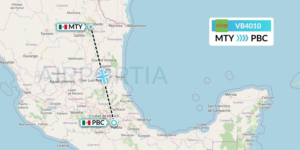 VB4010 VivaAerobus Flight Map: Monterrey to Puebla