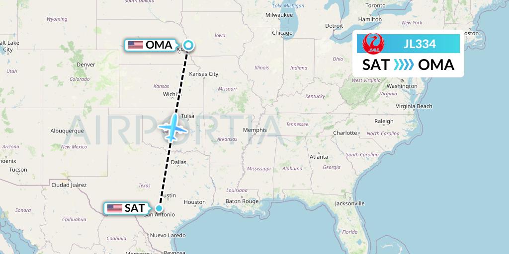 JL334 Japan Airlines Flight Map: San Antonio to Omaha