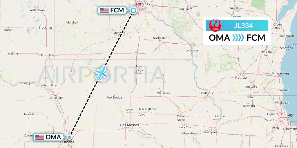 JL334 Japan Airlines Flight Map: Omaha to Minneapolis