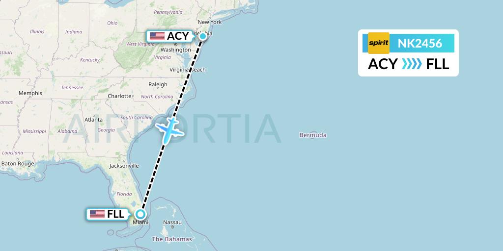 NK2456 Spirit Airlines Flight Map: Atlantic City to Fort Lauderdale