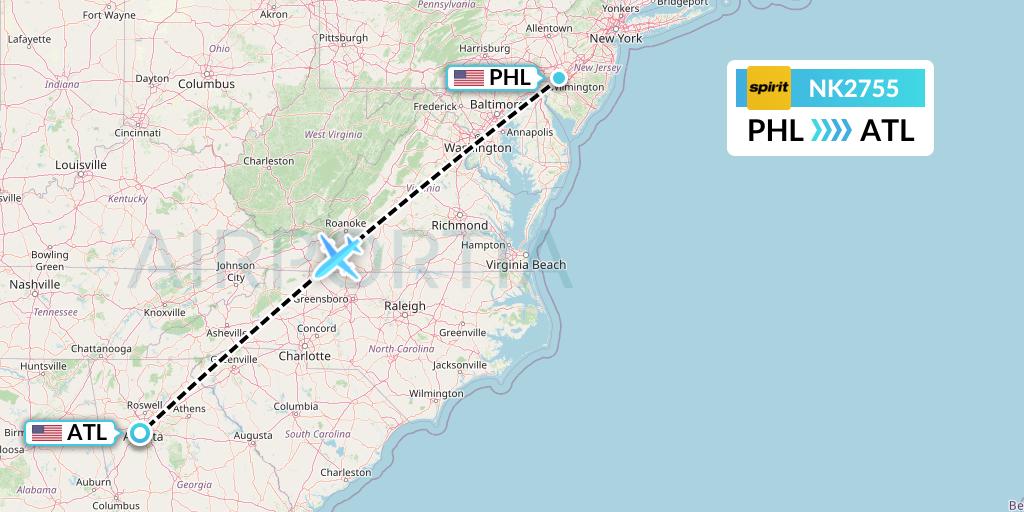 NK2755 Spirit Airlines Flight Map: Philadelphia to Atlanta