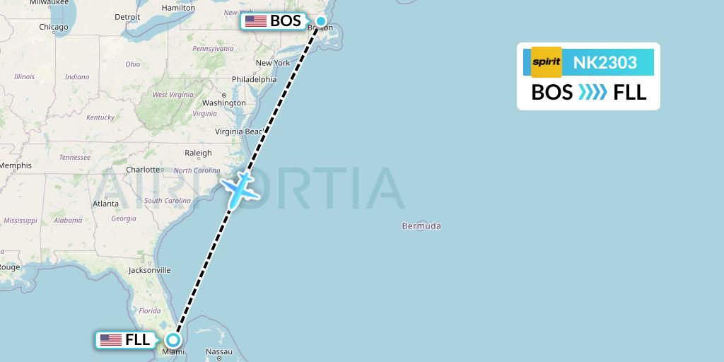 NK2303 Spirit Airlines Flight Map: Boston to Fort Lauderdale