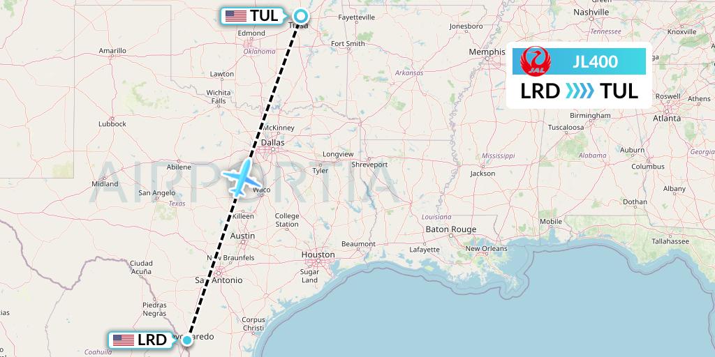 JL400 Japan Airlines Flight Map: Laredo to Tulsa