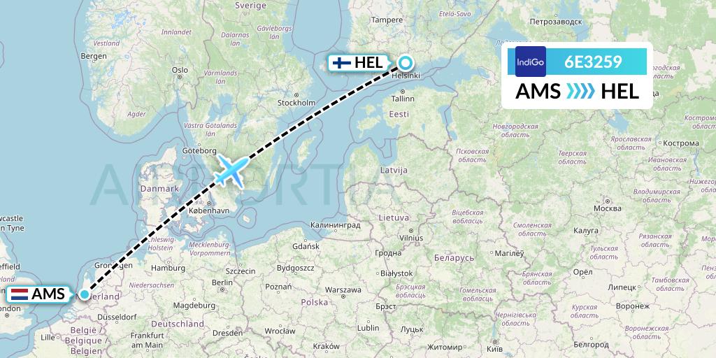 6E3259 IndiGo Airlines Flight Map: Amsterdam to Helsinki
