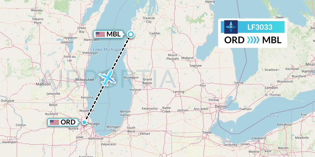 LF3033 Corporate Flight Management Flight Map: Chicago to Manistee