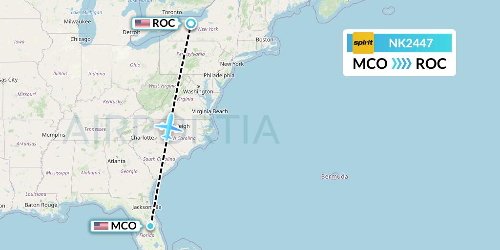 NK2447 Spirit Airlines Flight Map: Orlando to Rochester