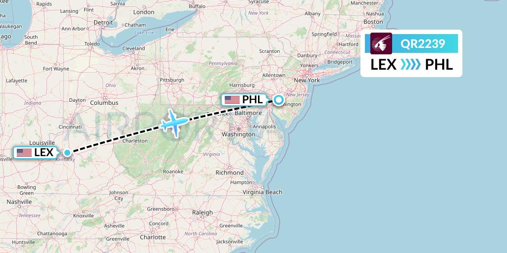 QR2239 Qatar Airways Flight Map: Lexington to Philadelphia