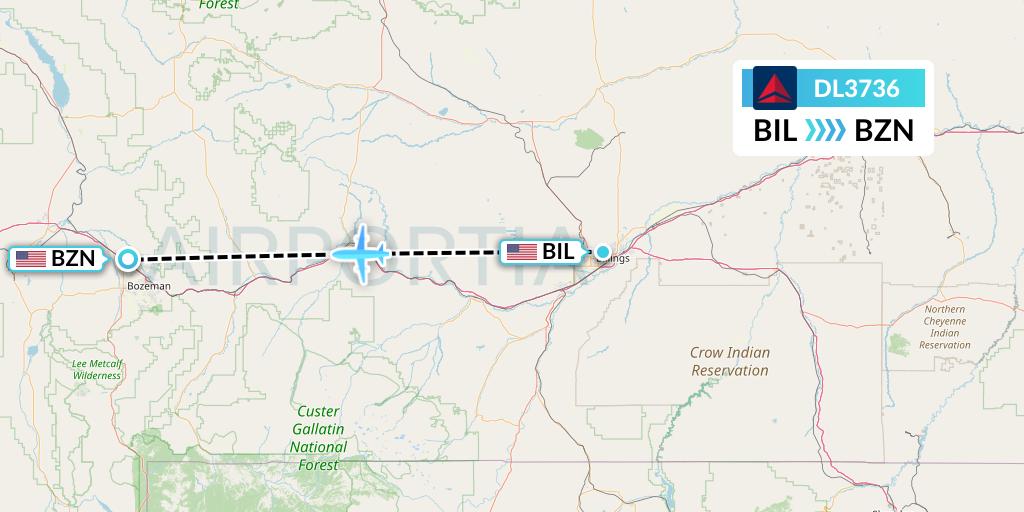 DL3736 Delta Air Lines Flight Map: Billings to Bozeman