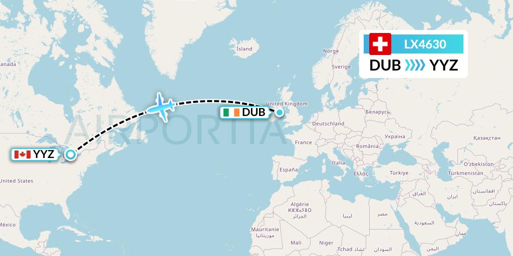 LX4630 Swiss Flight Map: Dublin to Toronto