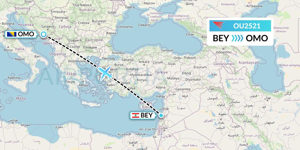 OU2521 Croatia Airlines Flight Map: Beirut to Mostar
