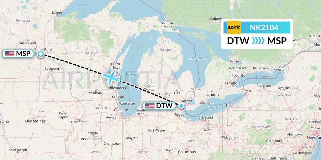 NK2104 Spirit Airlines Flight Map: Detroit to Minneapolis