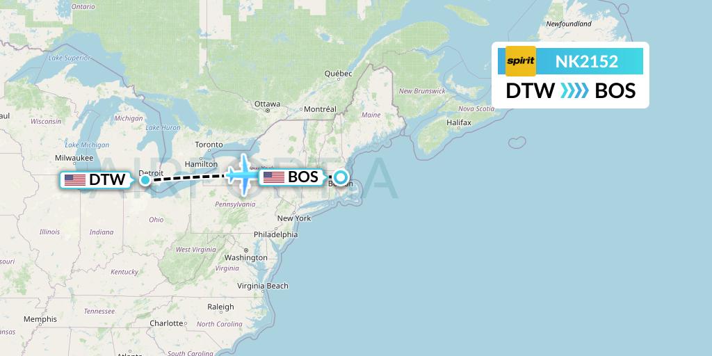 NK2152 Spirit Airlines Flight Map: Detroit to Boston