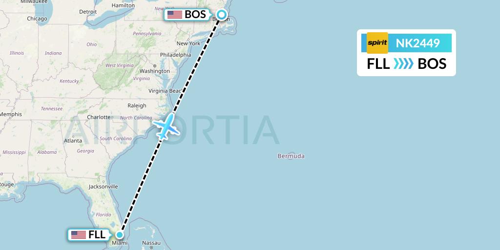 NK2449 Spirit Airlines Flight Map: Fort Lauderdale to Boston