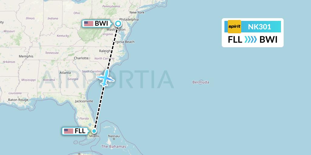 NK301 Spirit Airlines Flight Map: Fort Lauderdale to Baltimore