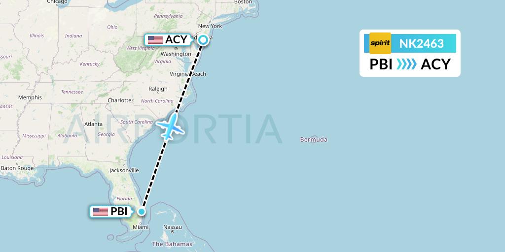 NK2463 Spirit Airlines Flight Map: West Palm Beach to Atlantic City