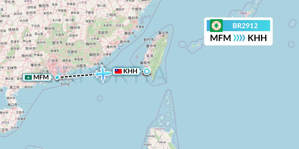 BR2912 EVA Air Flight Map: Macau to Kaohsiung