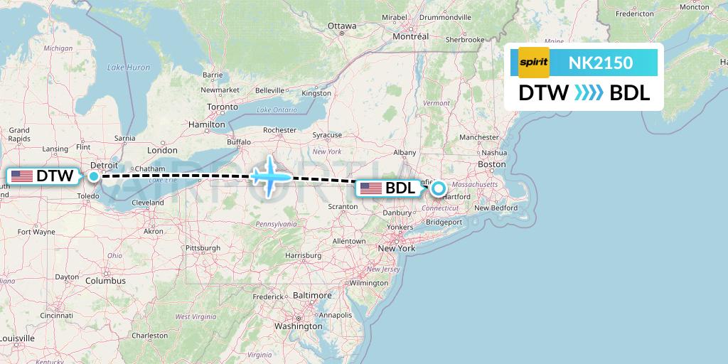 NK2150 Spirit Airlines Flight Map: Detroit to Windsor Locks