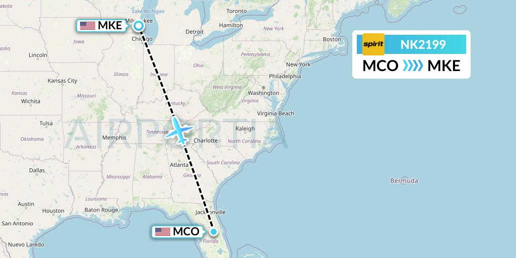 NK2199 Spirit Airlines Flight Map: Orlando to Milwaukee