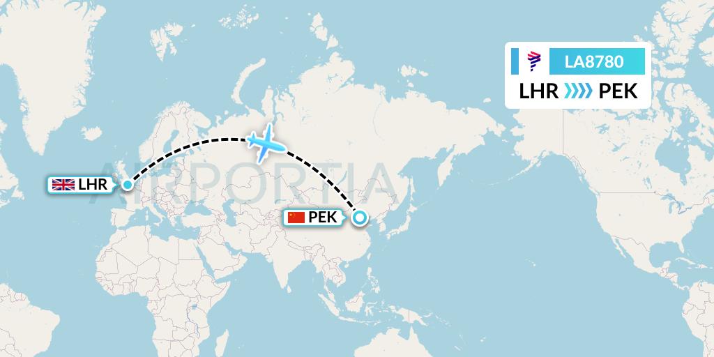 LA8780 LAN Airlines Flight Map: London to Beijing