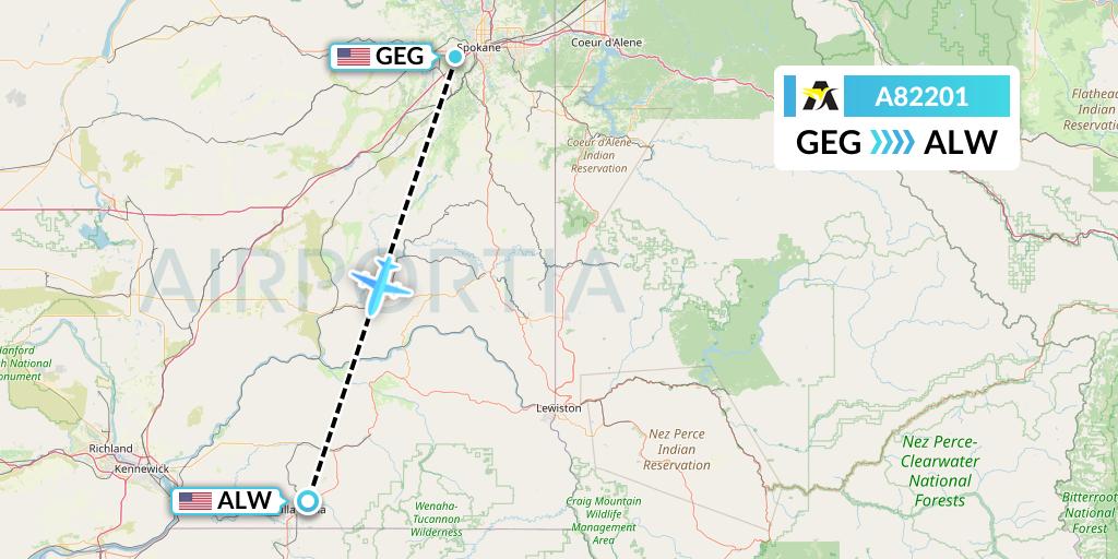 A82201 Aerolink Uganda Flight Map: Spokane to Walla Walla