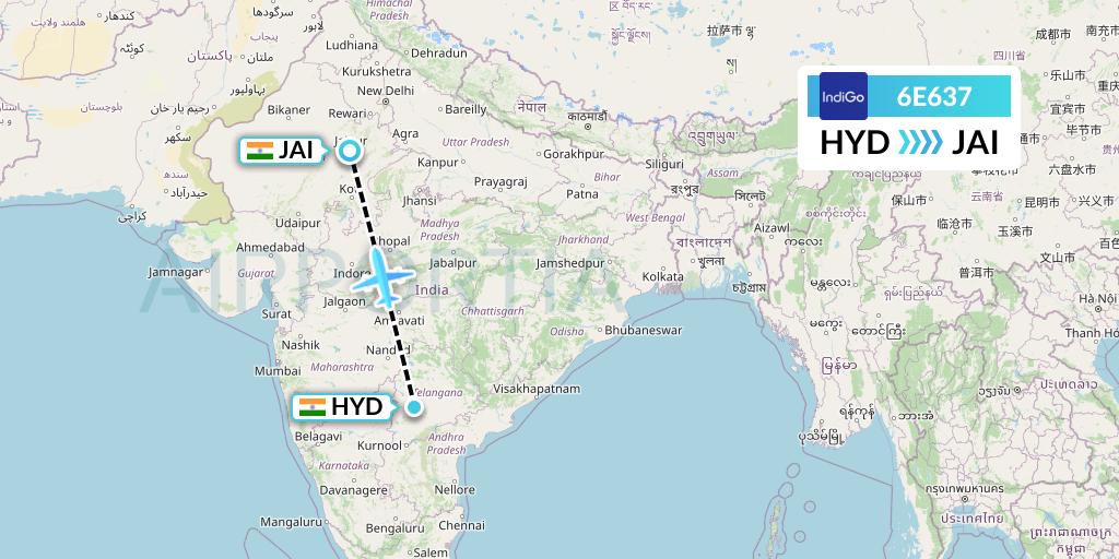 6E637 IndiGo Airlines Flight Map: Hyderabad to Jaipur