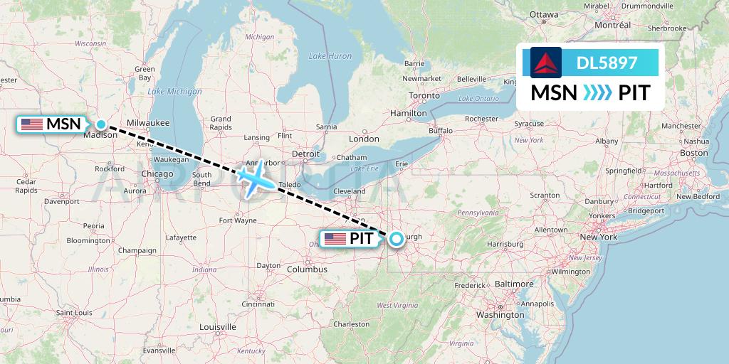 DL5897 Delta Air Lines Flight Map: Madison to Pittsburgh